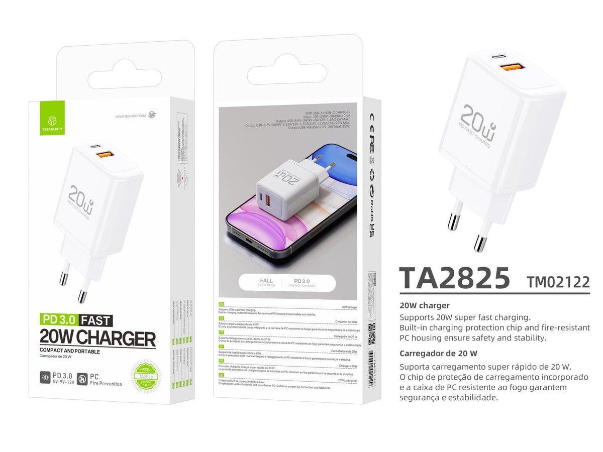 Techancy Carregador TA2825 PD3.0 20W com Duas Portas USB-C e USB-A Compativel com Diversos Telemoveis e Tablets