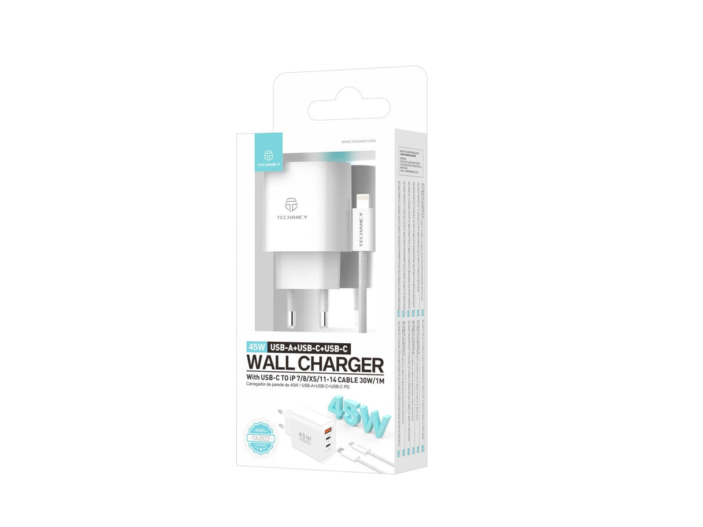 Techancy Carregador USB-A+USB-C+USB-C TA2822, 45W PD, com Cabo USB-C para Lightning de 1m, CompatIvel com iPhone 7/8/XS/11-14