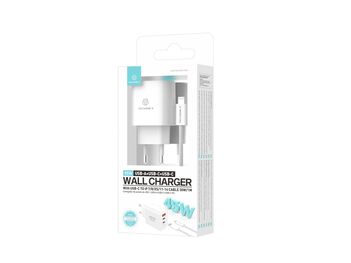 Techancy Carregador USB-A+USB-C+USB-C TA2822, 45W PD, com Cabo USB-C para Lightning de 1m, CompatIvel com iPhone 7/8/XS/11-14