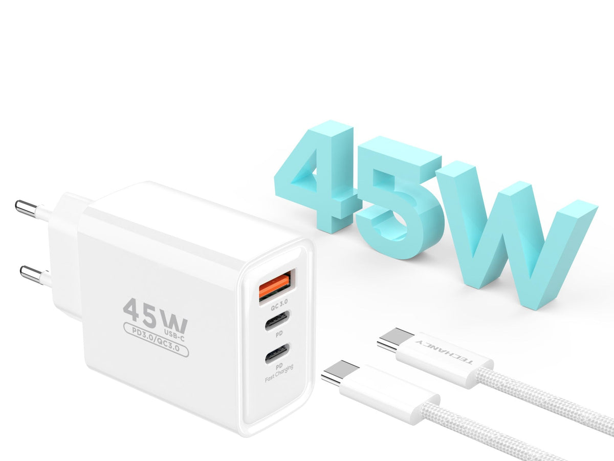 Techancy Carregador USB-A+USB-C+USB-C TA2822, 45W PD, com Cabo USB-C para USB-C de 1m, CompatIvel com Múltiplos Dispositivos
