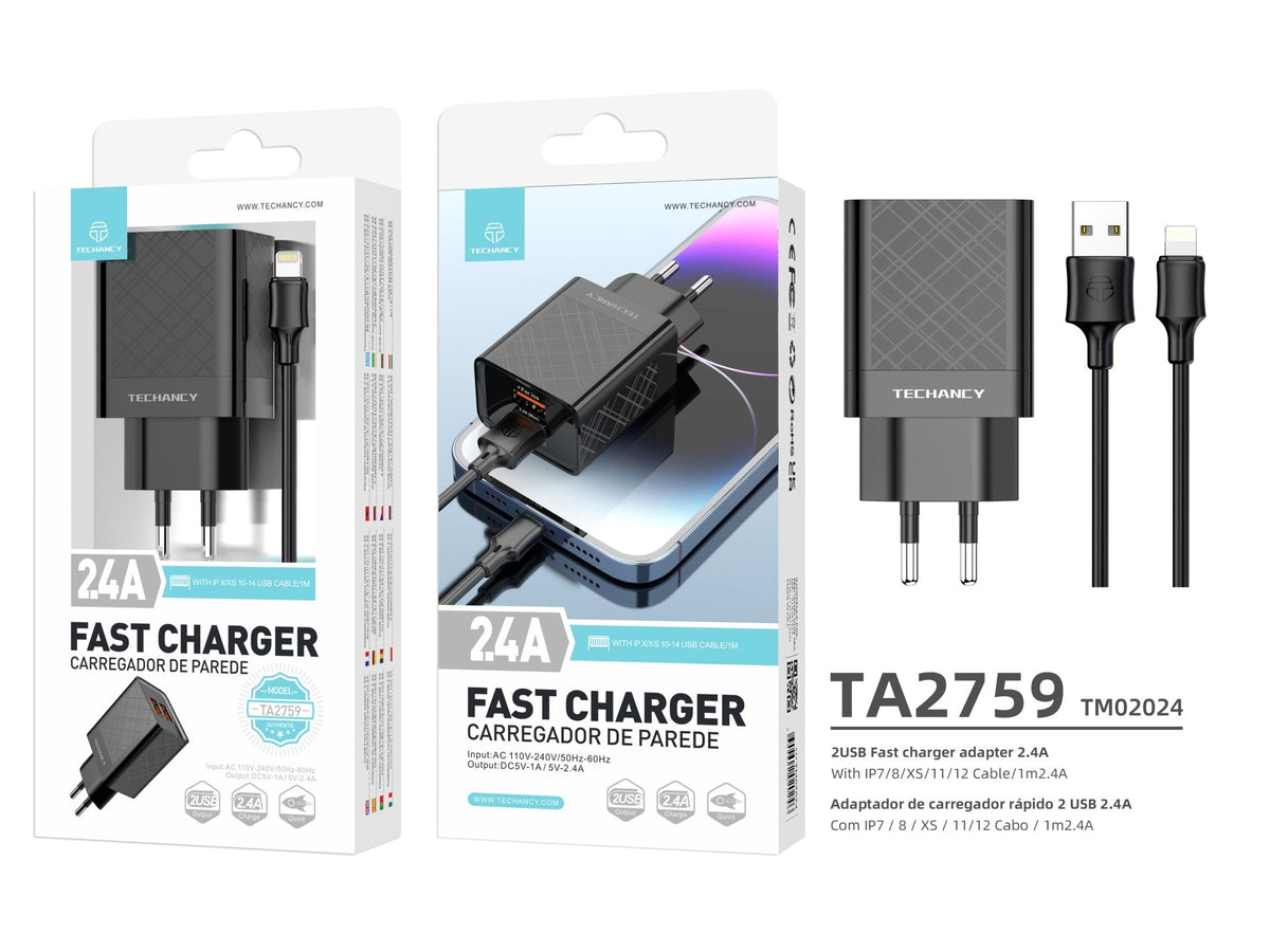 Techancy Carregador Usb 2.4A Preto  TA2759, Kit De Cabos Ip7/X/11-14, 1m 2.4A, Chip Inteligente Incorporado.
