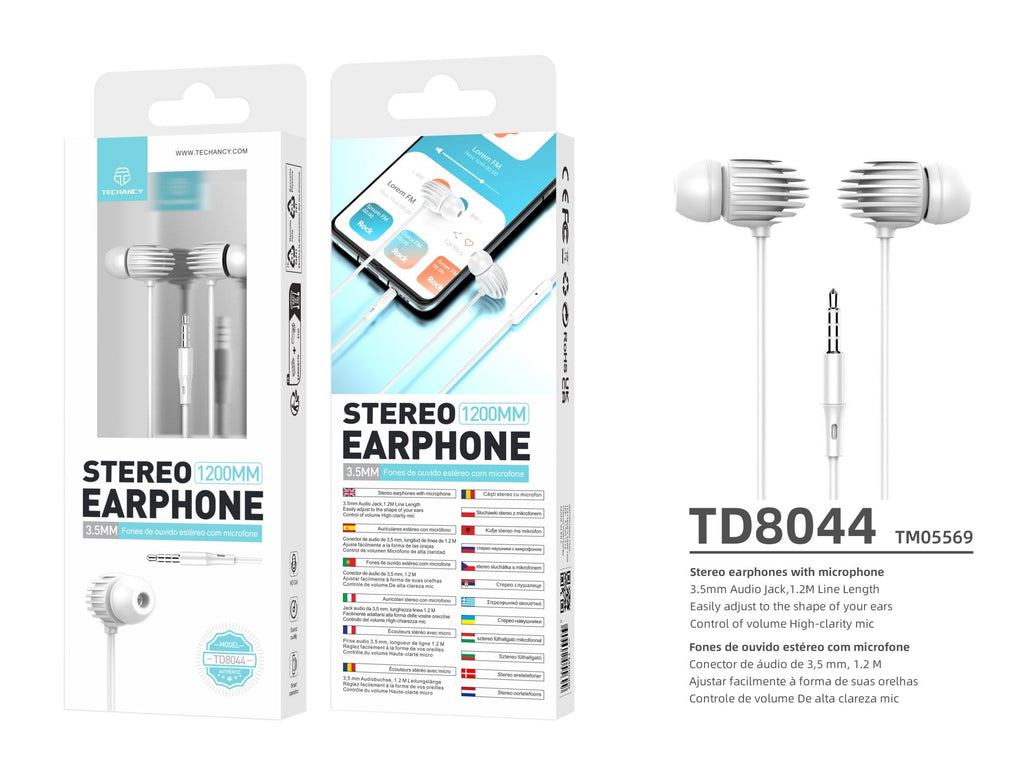 Techancy Auricular Com Fio Branco TD8044, 3,5 Mm Para Conversação Com Microfone, Compatível Com Som Estéreo Para Jogos