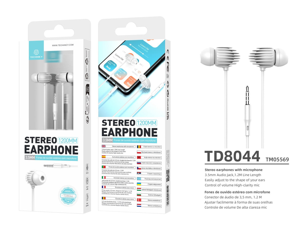 Techancy Auricular Com Fio Branco TD8044, 3,5 Mm Para Conversação Com Microfone, Compatível Com Som Estéreo Para Jogos