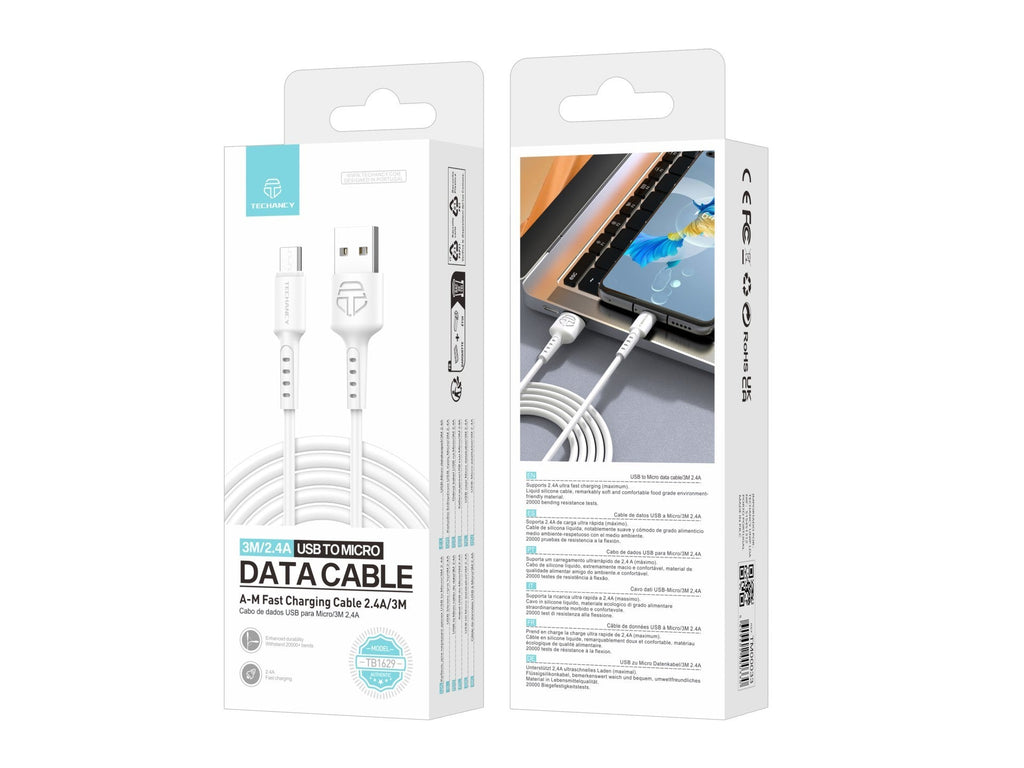 Techancy Cabo De Dados Branco TB1629, Cabo De Carregamento Rápido Usb Para Micro, 3 M/2,4 A, Compatível Com Dispositivos Android