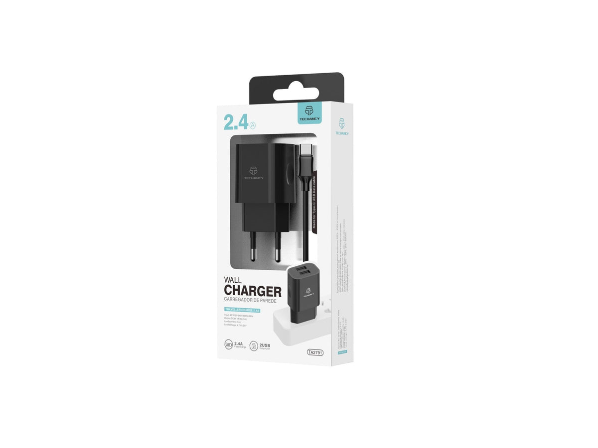 Techancy Carregador De Parede 2usb Preto TA2791,5V-2.4A Carregamento,Conjunto De Cabos Usb-Tipo-C 1m,Suporta Telemóveis Usb-C