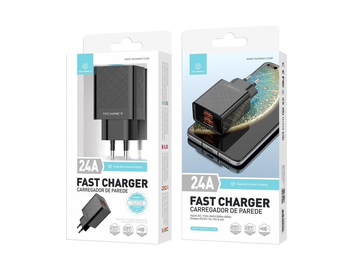 Techancy Carregador Usb 2.4A Preto  TA2758, 2usb Output, Chip Inteligente Integrado, Carregamento Simultâneo Multi-Device