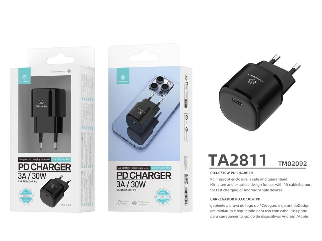 Techancy Carregador Pd 30w Usb C Preto  TA2811, Cabo De Carregamento Rápido Adapt Pd, Compatível Com Android/Apple.
