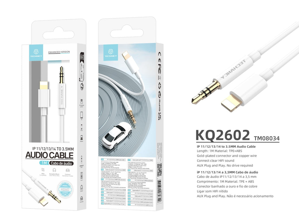 Techancy Cabo Áudio Aux Automotive  KQ2602, Iph8/X/11-14 Para 3,5 Mm, 1 Metro, Qualidade De Som Hifi,Branco