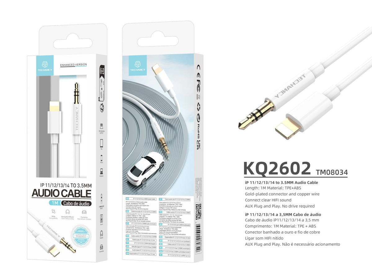 Techancy Cabo Áudio Aux Automotive  KQ2602, Iph8/X/11-14 Para 3,5 Mm, 1 Metro, Qualidade De Som Hifi,Branco