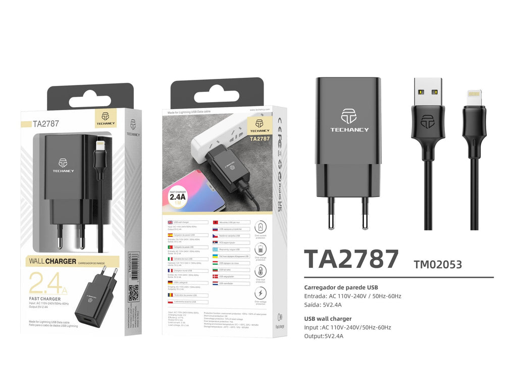 Techancy Carregador De Telemóvel Preto  TA2787, Saída Usb 5v-2.4a Carregamento, Conjunto De Carregador De Cabo Usb-Ip 1m