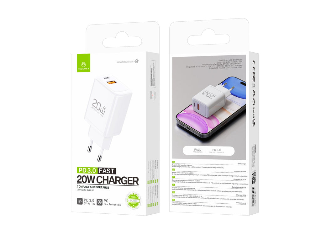 Techancy Carregador TA2825 PD3.0 20W com Duas Portas USB-C e USB-A Compativel com Diversos Telemoveis e Tablets