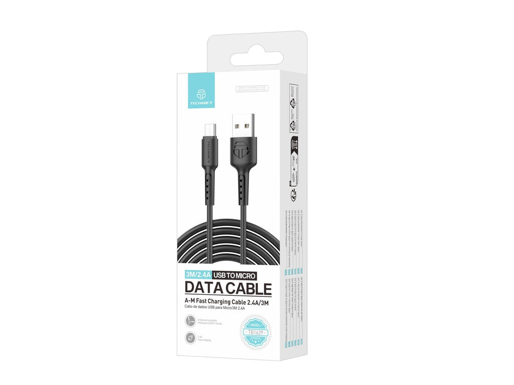 Techancy Cabo De Dados Preto TB1629, Cabo De Carregamento Rápido Usb Para Micro, 3 M/2,4 A, Compatível Com Dispositivos Android