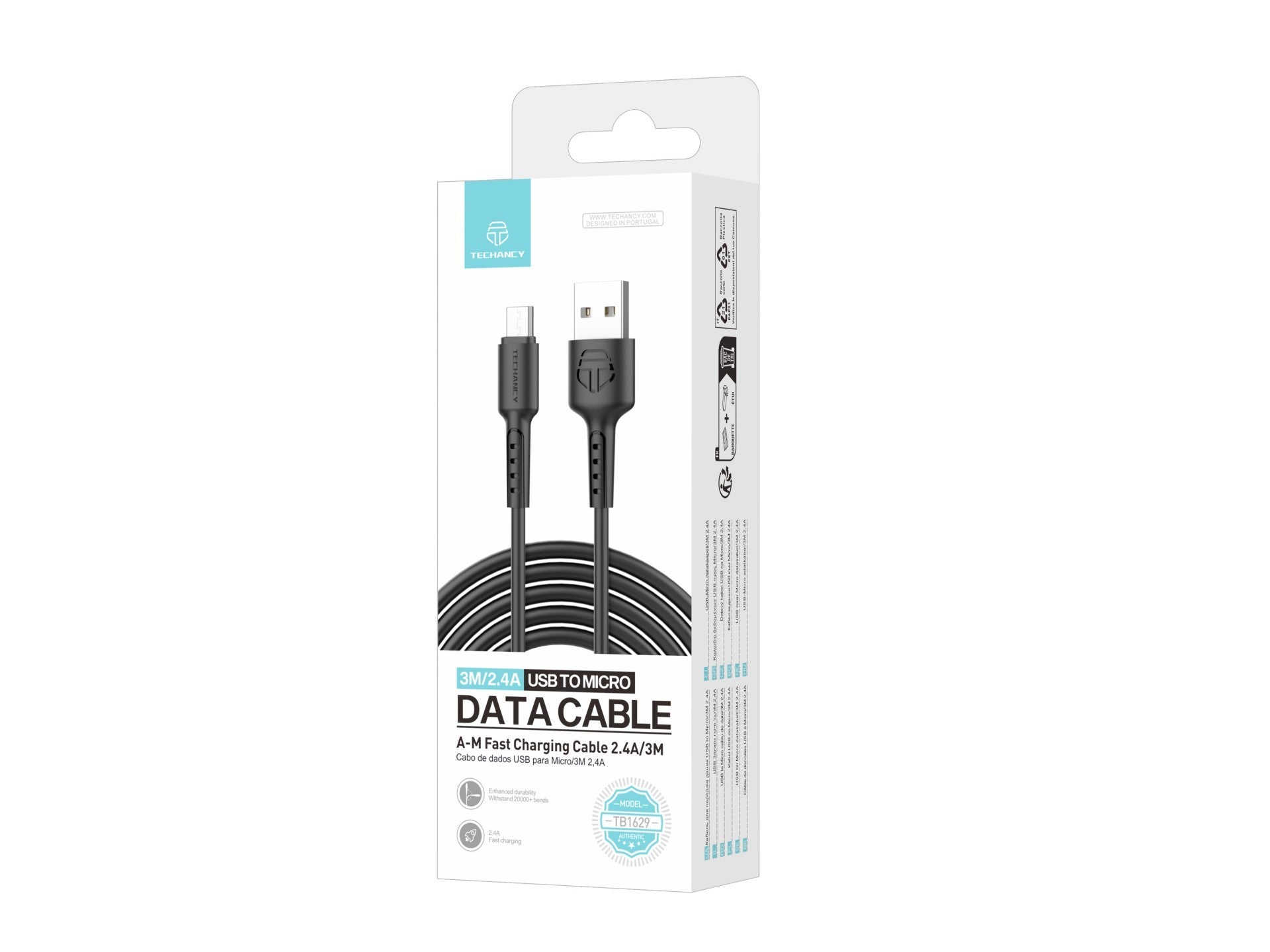 Techancy Cabo De Dados Preto TB1629, Cabo De Carregamento Rápido Usb Para Micro, 3 M/2,4 A, Compatível Com Dispositivos Android