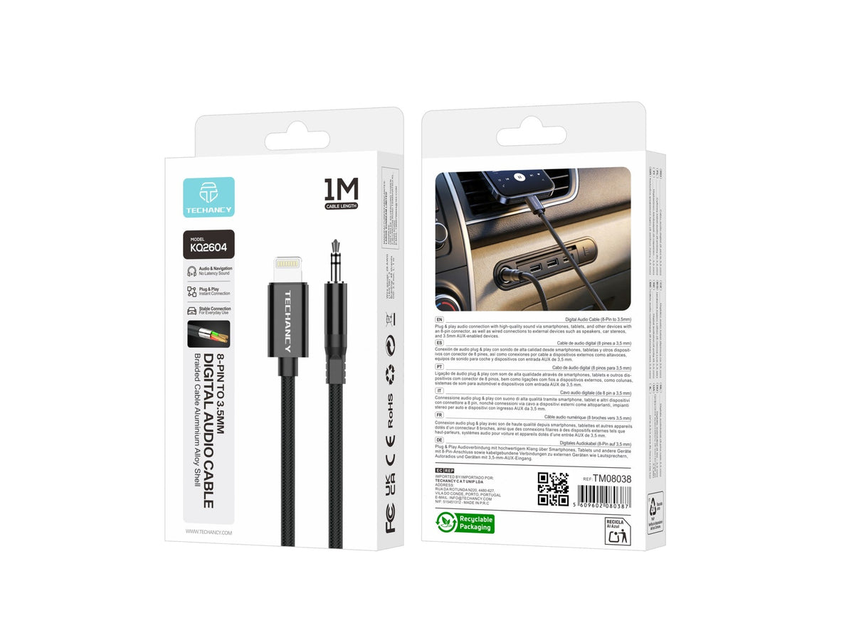 Techancy Cabo Audio Digital KQ2604 8-Pin para 3.5mm, 1M, Trancado, Compativel com Telemovel, Carro e Auscultadores, Preto
