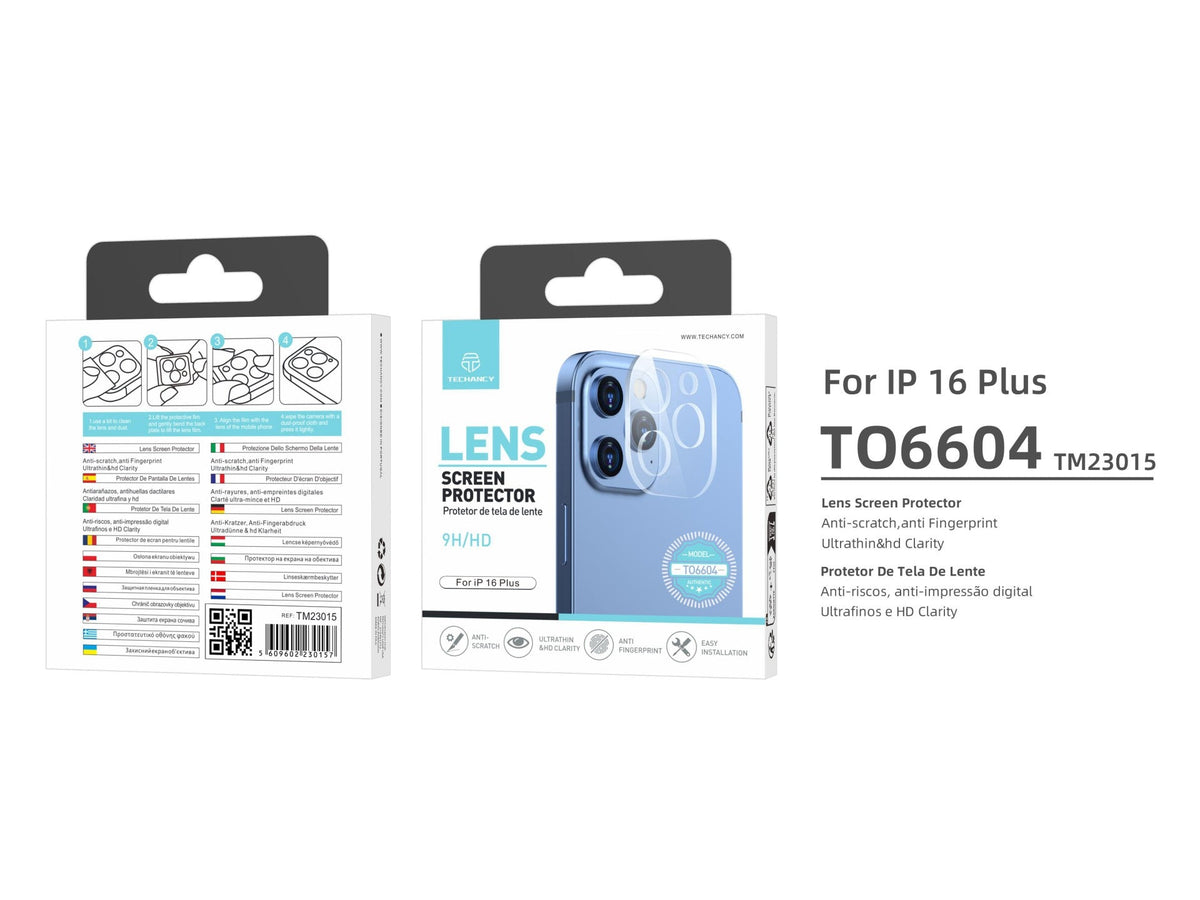 Techancy Protetor de Lente  para iPhone 16 Plus TO6604, 9H Anti-riscos, Anti-digital, Ultrafino e HD, Fácil de Instalar