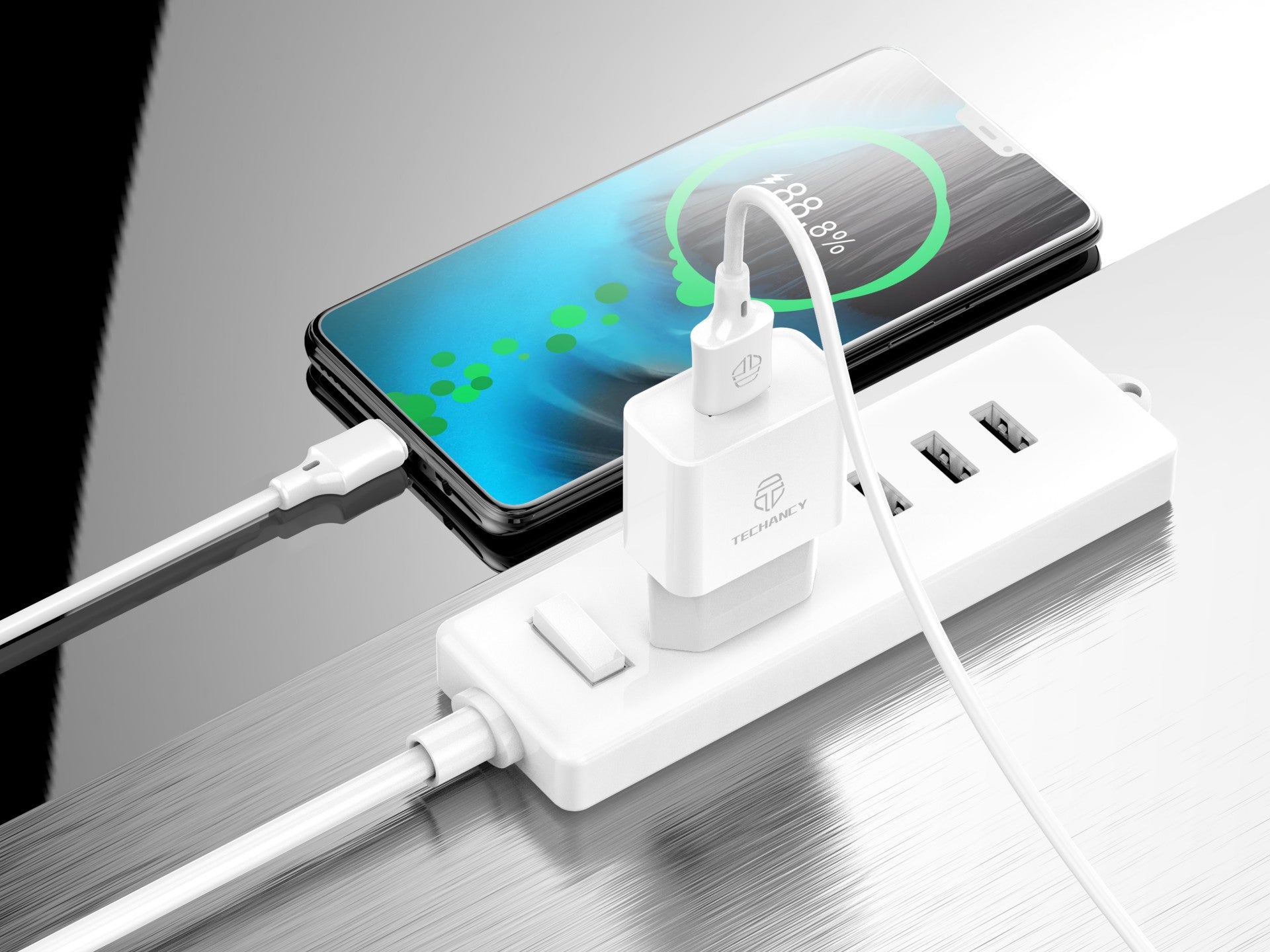 Techancy Carregador Usb Para Telemóvel Branco TA2776, Carregamento Estável 5v-1a Com Conjunto De Cabos Usb-Tipo-c 1m
