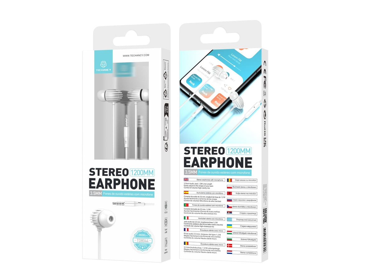 Techancy Auricular Com Fio Branco TD8044, 3,5 Mm Para Conversação Com Microfone, Compatível Com Som Estéreo Para Jogos