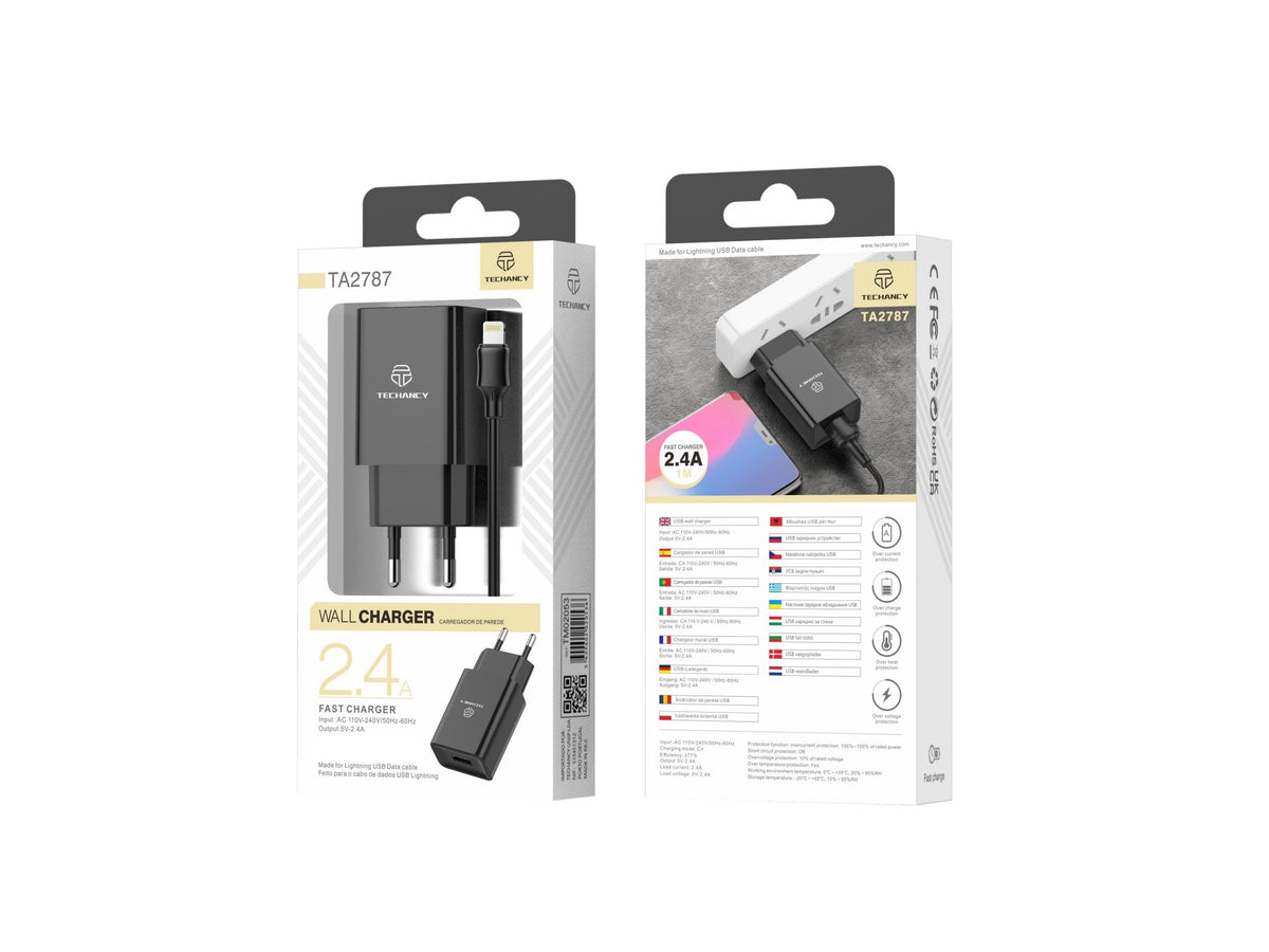 Techancy Carregador De Telemóvel Preto  TA2787, Saída Usb 5v-2.4a Carregamento, Conjunto De Carregador De Cabo Usb-Ip 1m