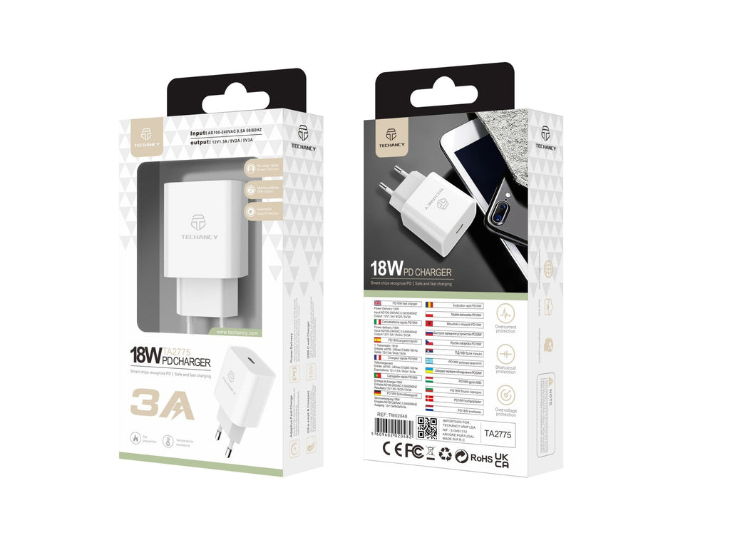 Techancy Carregador Pd 18w TA2775, Carregamento Rápido De 3A, Compacto E Portátil, Adequado Para Muitos Dispositivos