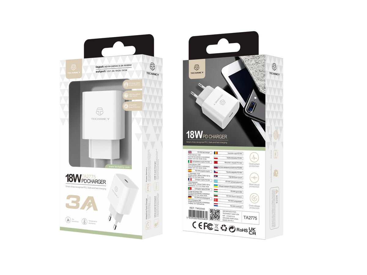 Techancy Carregador Pd 18w TA2775, Carregamento Rápido De 3A, Compacto E Portátil, Adequado Para Muitos Dispositivos