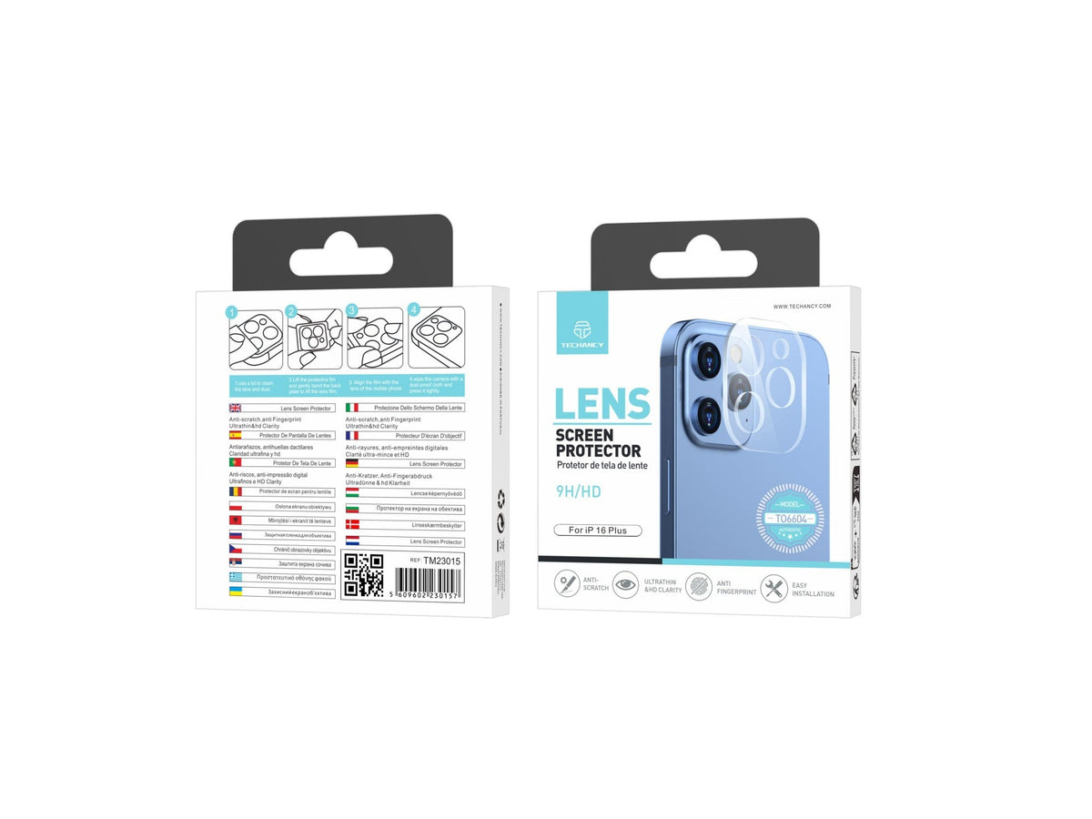 Techancy Protetor de Lente  para iPhone 16 Plus TO6604, 9H Anti-riscos, Anti-digital, Ultrafino e HD, Fácil de Instalar