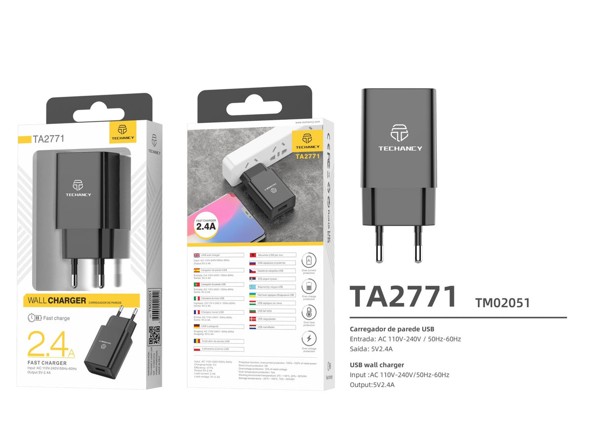 Techancy Carregador De Telemóvel Preto  TA2771, Saída Usb 5v-2.4a Carregamento, Compatível Com Samsung, Huawei, Apple Etc.