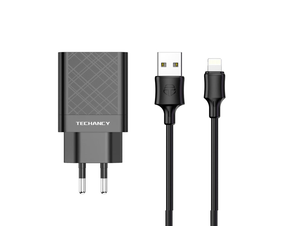 Techancy Carregador Usb 2.4A Preto  TA2759, Kit De Cabos Ip7/X/11-14, 1m 2.4A, Chip Inteligente Incorporado.