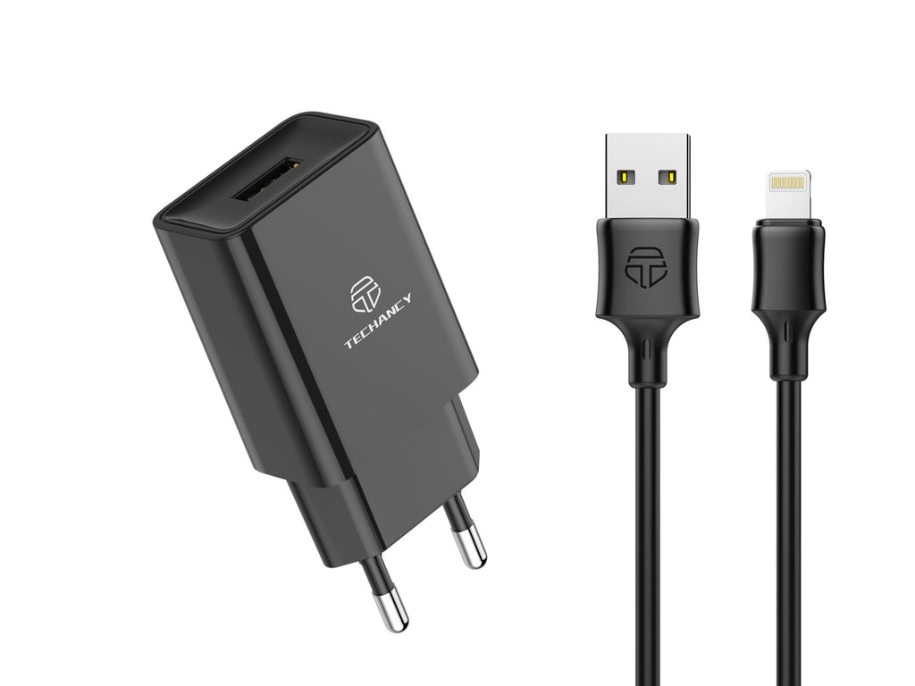 Techancy Carregador De Telemóvel Preto  TA2787, Saída Usb 5v-2.4a Carregamento, Conjunto De Carregador De Cabo Usb-Ip 1m