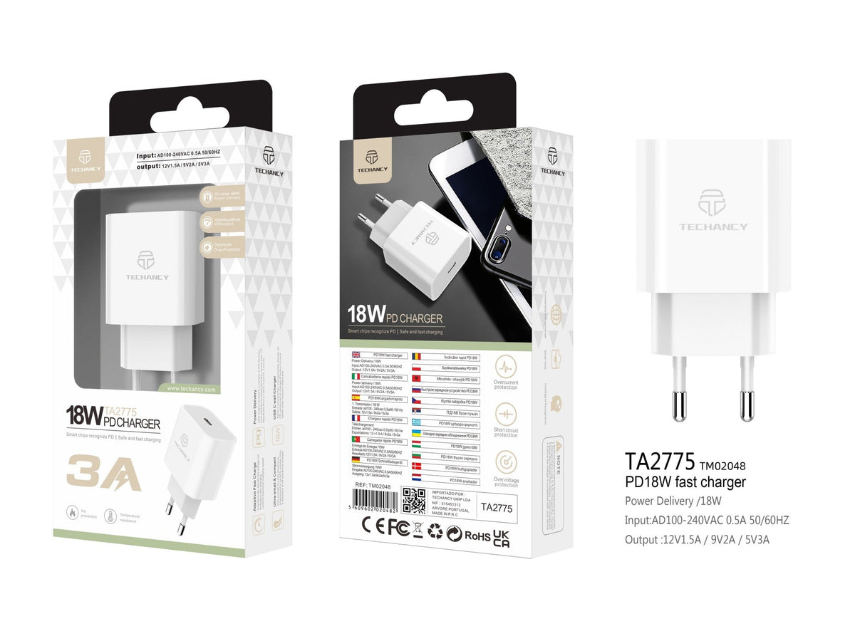 Techancy Carregador Pd 18w TA2775, Carregamento Rápido De 3A, Compacto E Portátil, Adequado Para Muitos Dispositivos