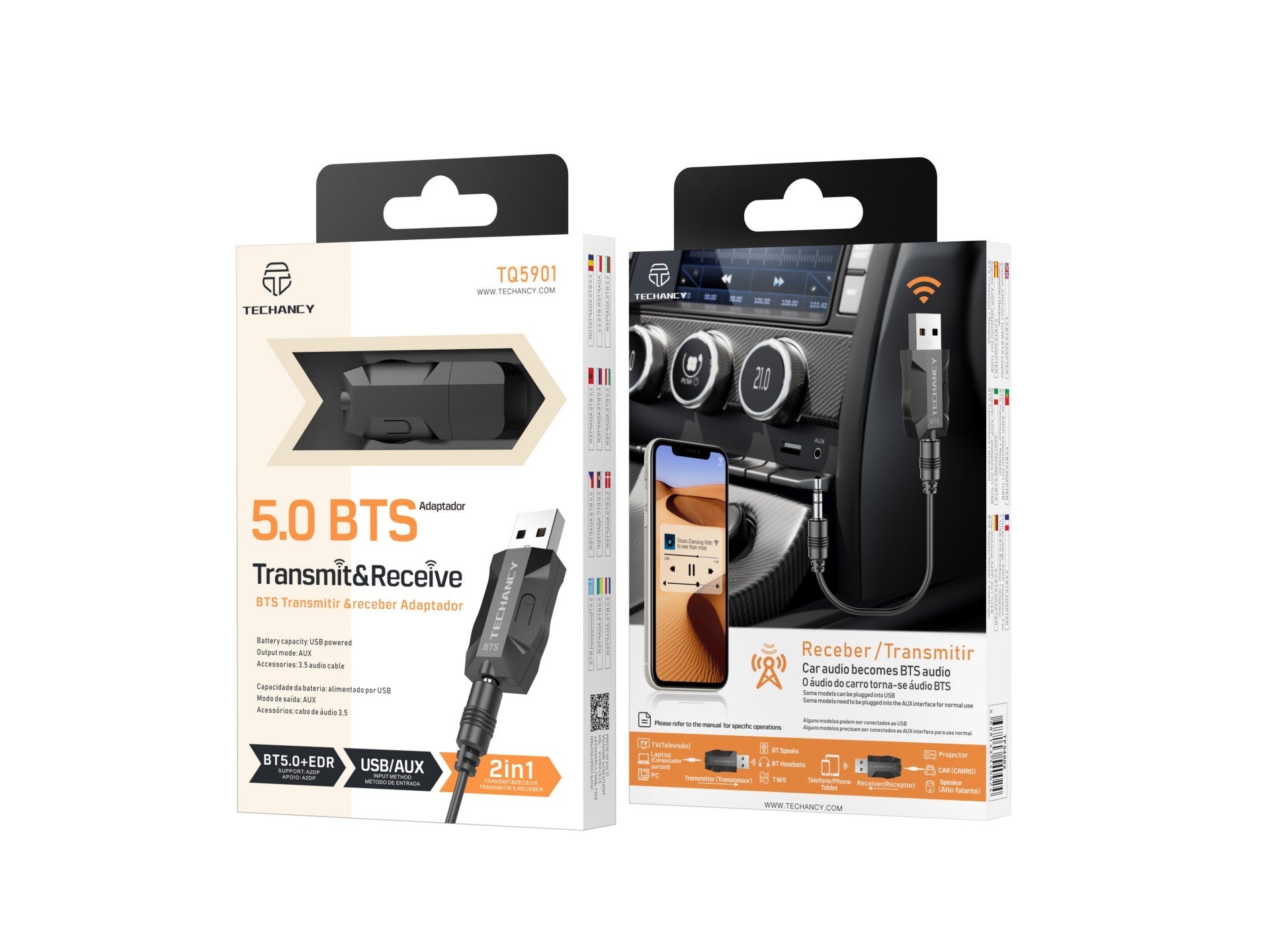 Adaptador Bluetooth sem fios 2 em 1 Techancy, TQ5901, suporta transmissão e receção de áudio Bluetooth, preto