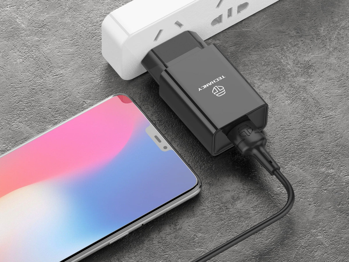 Techancy Carregador De Telemóvel Preto  TA2787, Saída Usb 5v-2.4a Carregamento, Conjunto De Carregador De Cabo Usb-Ip 1m