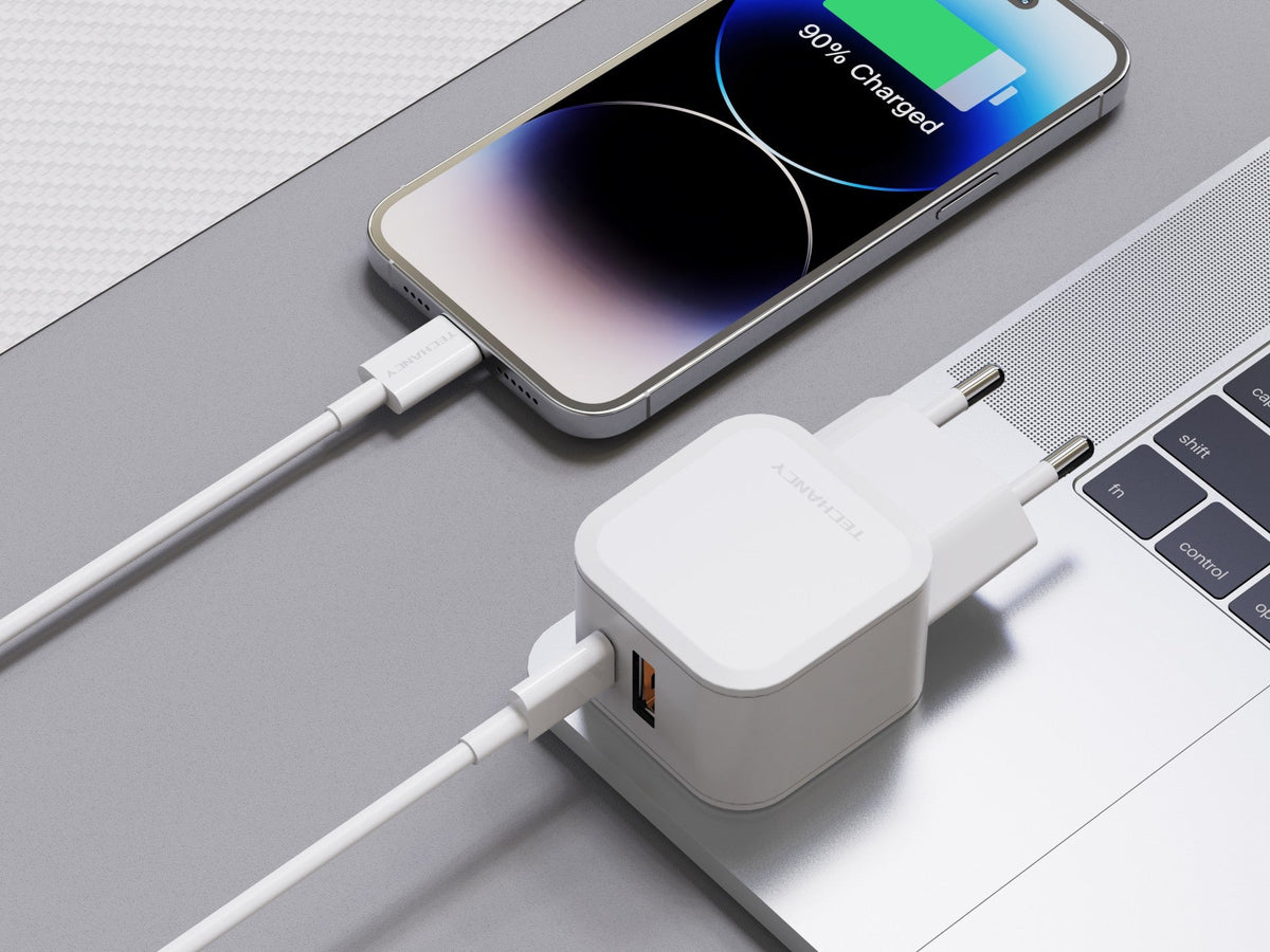 Techancy Carregador Rápido 43W Branco TA2813, Porta Dupla Pd+Usb, Conjunto De Cabos Usb C Para Lightning 1m/30w