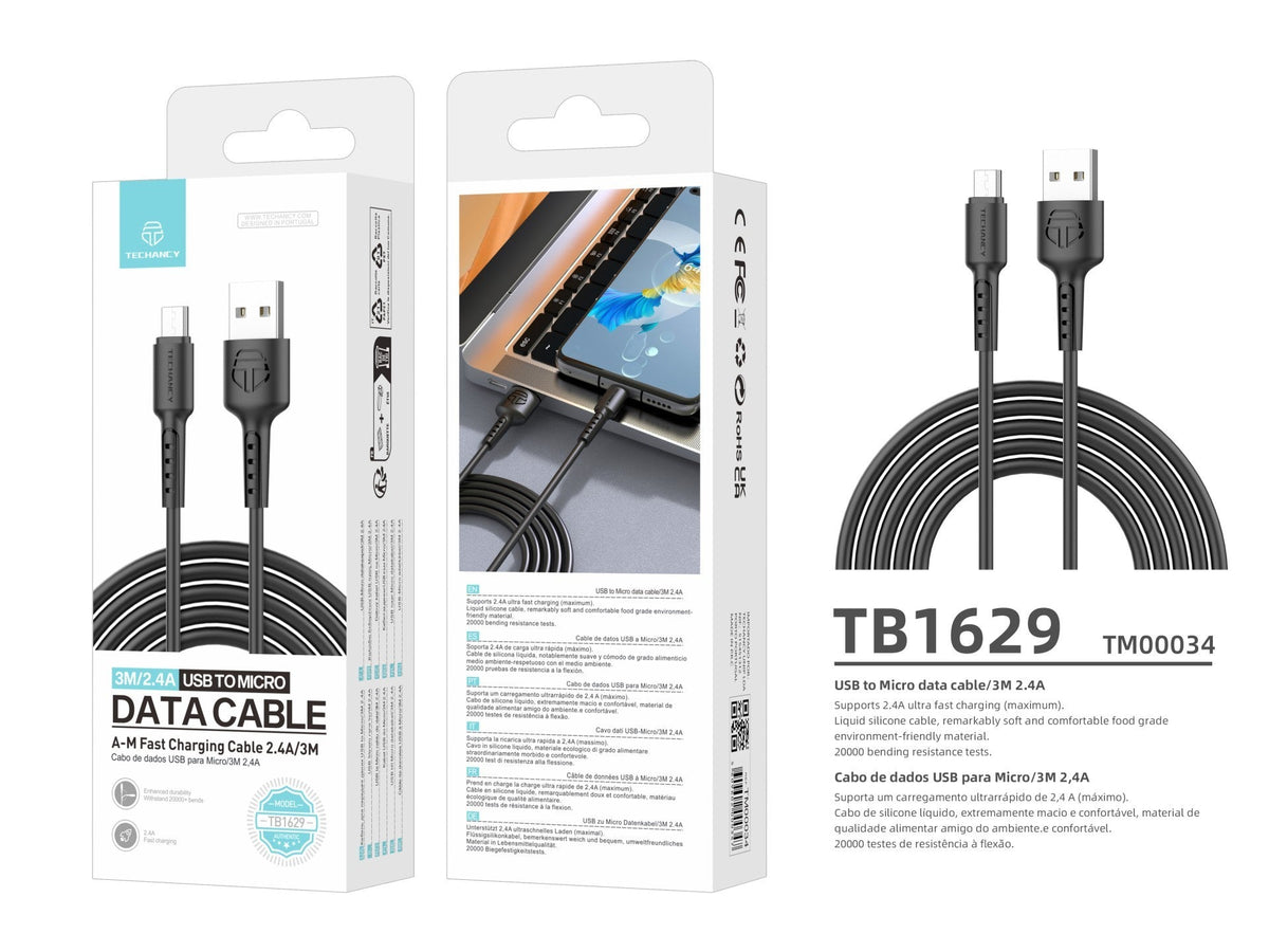 Techancy Cabo De Dados Preto TB1629, Cabo De Carregamento Rápido Usb Para Micro, 3 M/2,4 A, Compatível Com Dispositivos Android