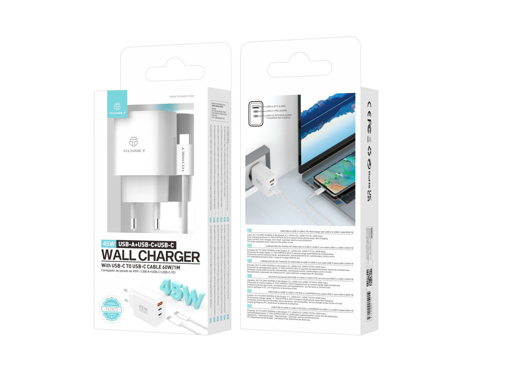 Techancy Carregador USB-A+USB-C+USB-C TA2822, 45W PD, com Cabo USB-C para USB-C de 1m, CompatIvel com Múltiplos Dispositivos