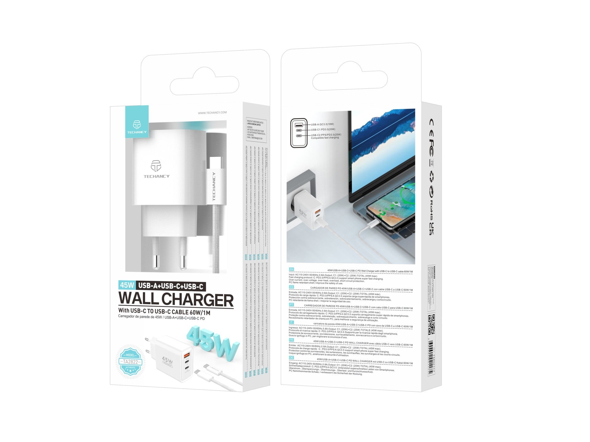 Techancy Carregador USB-A+USB-C+USB-C TA2822, 45W PD, com Cabo USB-C para USB-C de 1m, CompatIvel com Múltiplos Dispositivos