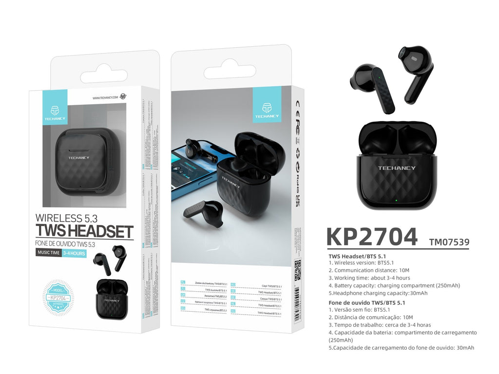 Techancy Auscultadores Sem Fios Pretos  KP2704, Ligação Estéreo Sem Fios De 10 M, Reprodução De Música Durante 3-4 Horas