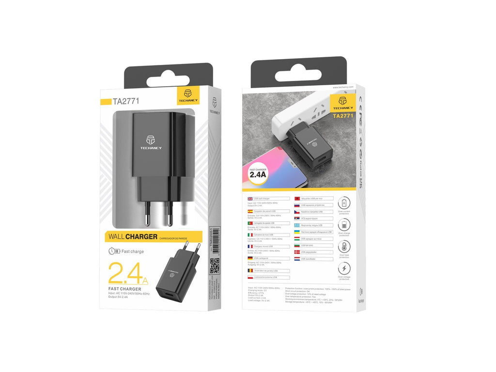 Techancy Carregador De Telemóvel Preto  TA2771, Saída Usb 5v-2.4a Carregamento, Compatível Com Samsung, Huawei, Apple Etc.