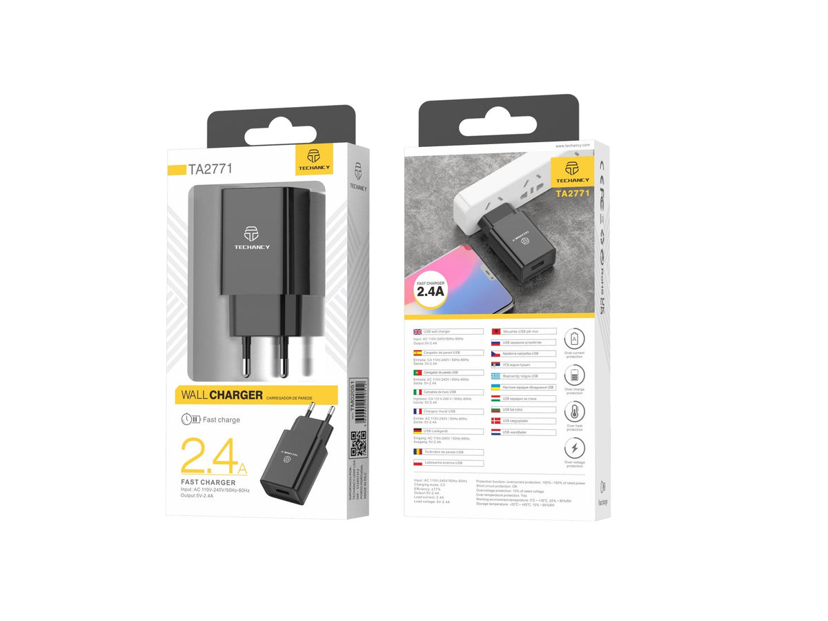 Techancy Carregador De Telemóvel Preto  TA2771, Saída Usb 5v-2.4a Carregamento, Compatível Com Samsung, Huawei, Apple Etc.