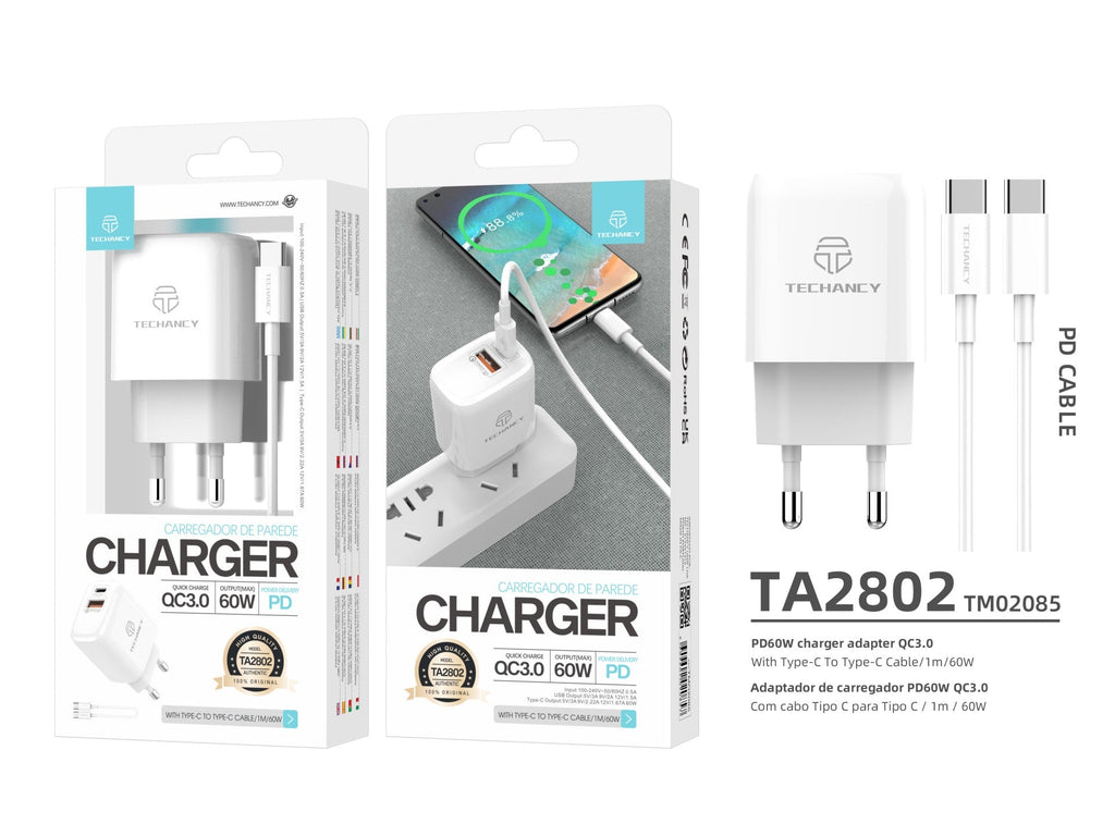 Techancy Carregador Branco 20w TA2802 Com Suporte Pd E Qc3.0 Com Cabo Usb-C Branco De 1m Para Usb-C