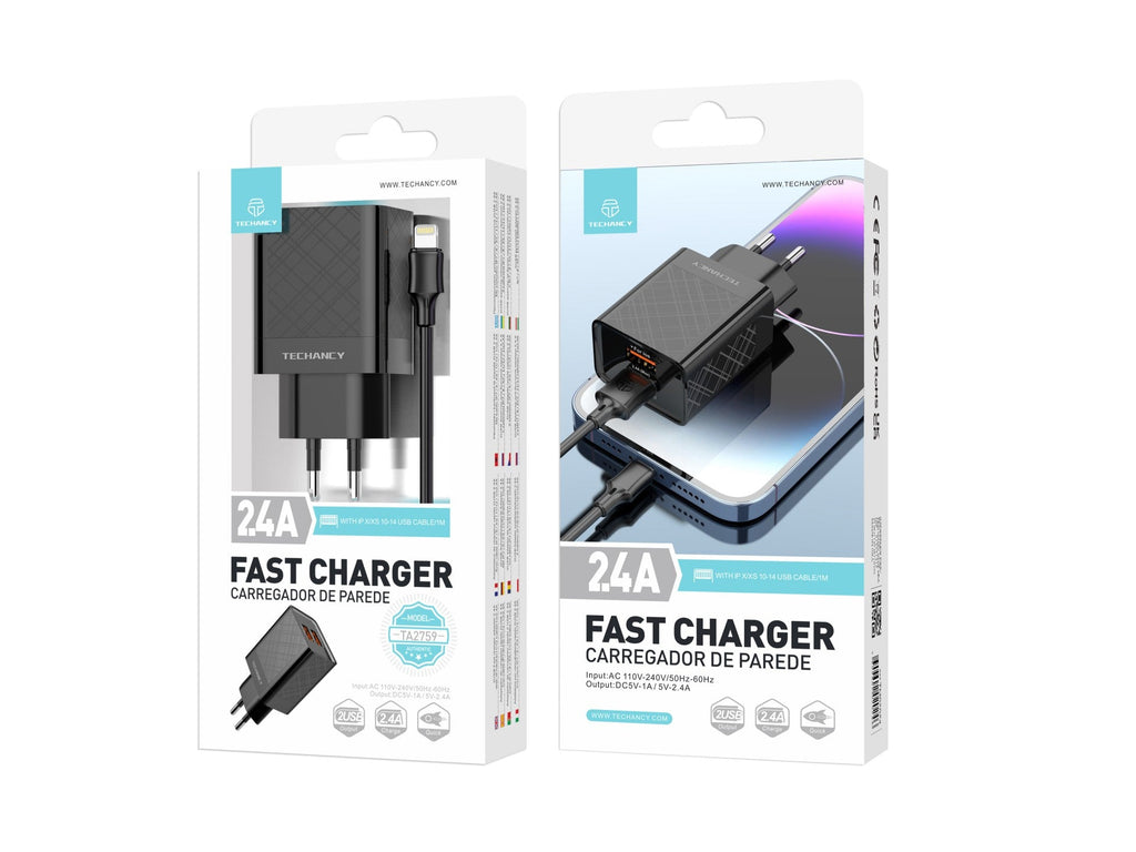 Techancy Carregador Usb 2.4A Preto  TA2759, Kit De Cabos Ip7/X/11-14, 1m 2.4A, Chip Inteligente Incorporado.