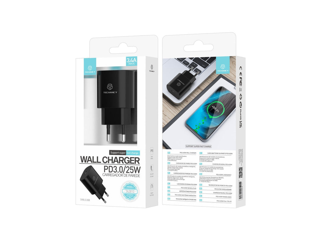 Techancy Carregador Pd3.0 De 25 W TA2810, Carregamento Rápido De 3,4 A, Chip Inteligente Incorporado, Preto