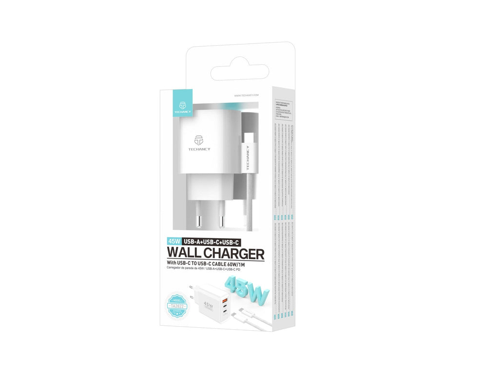 Techancy Carregador USB-A+USB-C+USB-C TA2822, 45W PD, com Cabo USB-C para USB-C de 1m, CompatIvel com Múltiplos Dispositivos