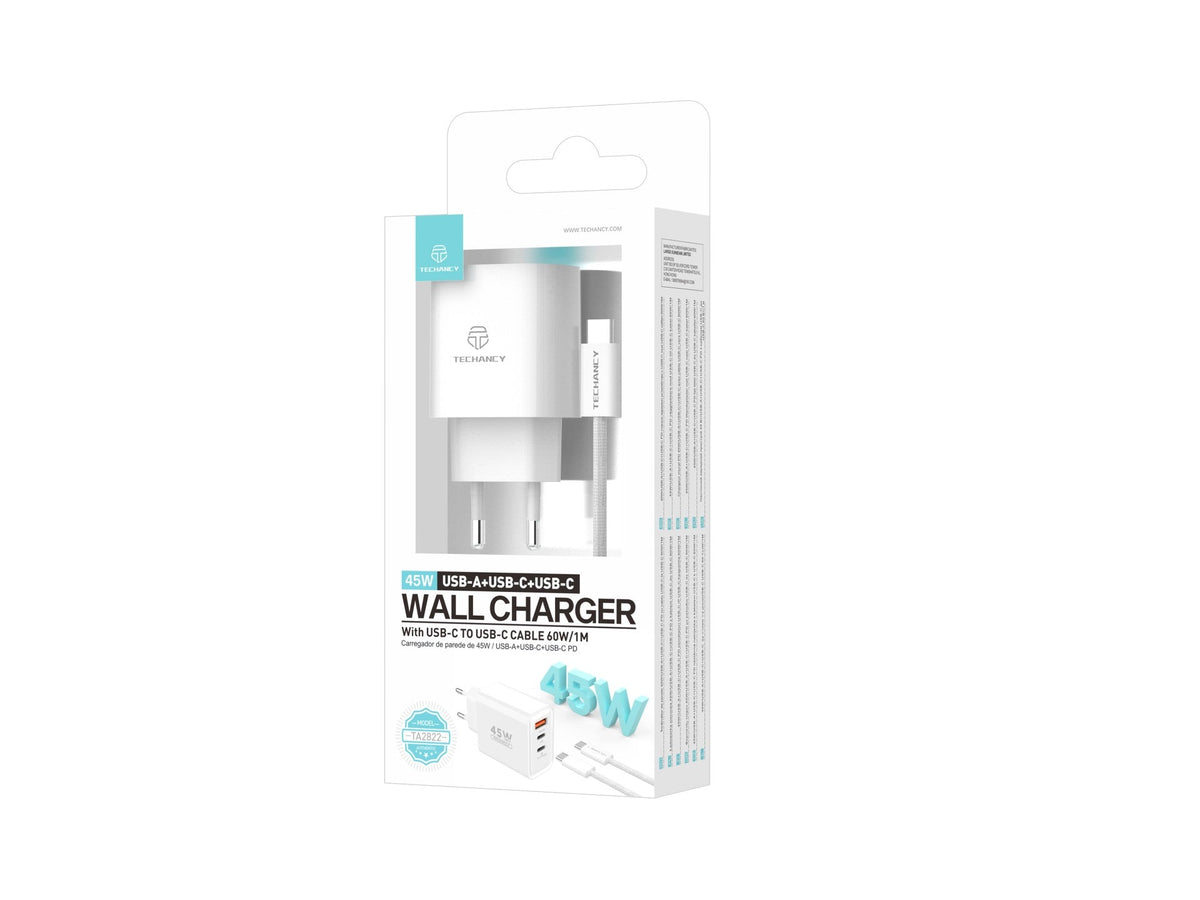 Techancy Carregador USB-A+USB-C+USB-C TA2822, 45W PD, com Cabo USB-C para USB-C de 1m, CompatIvel com Múltiplos Dispositivos