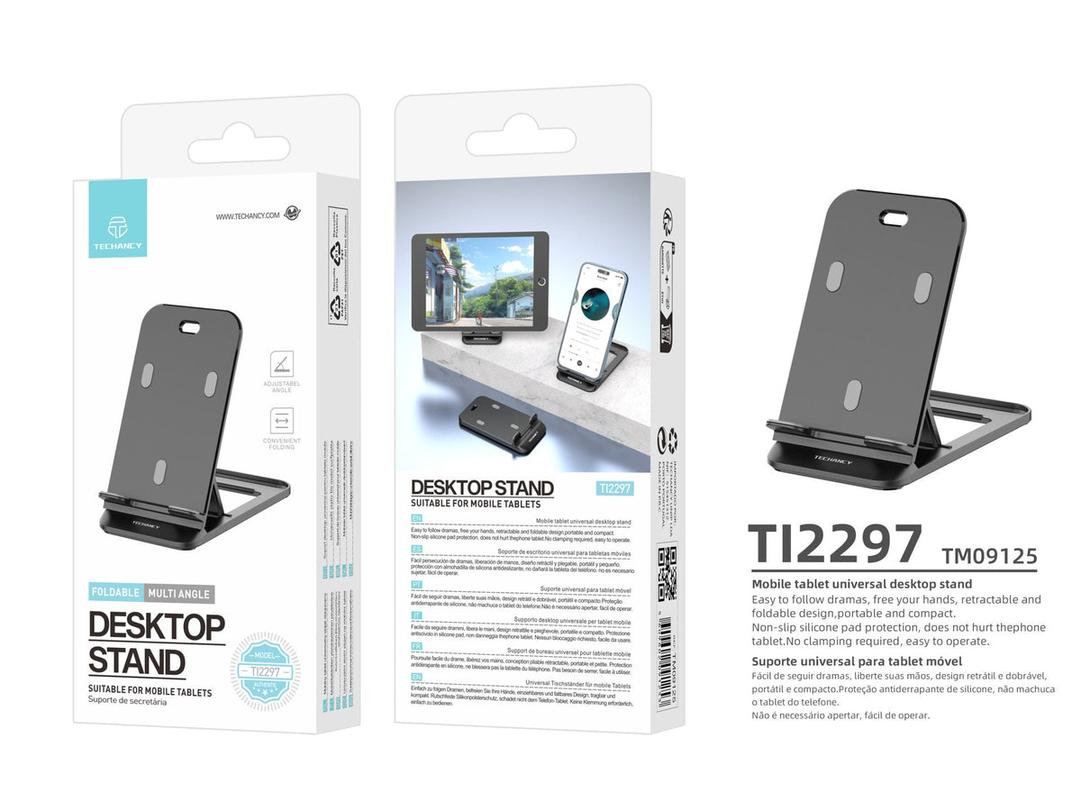 Techancy Suporte Para Telemóvel De Secretária Preto Ti2297, Design Dobrável Para Dispositivos Móveis, Tablets E Telemóveis