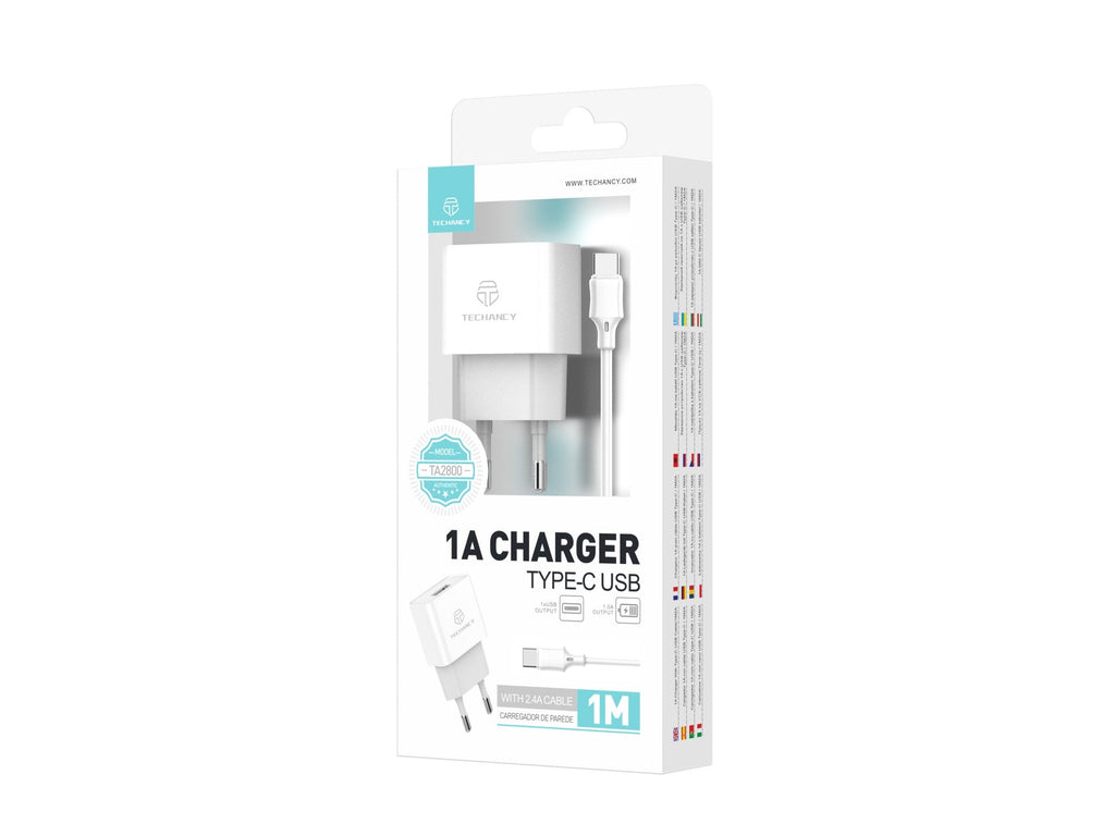 Techancy Carregador Usb Para Telemóvel Branco TA2776, Carregamento Estável 5v-1a Com Conjunto De Cabos Usb-Tipo-c 1m