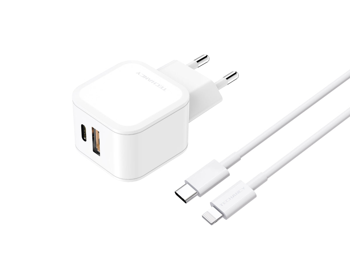 Techancy Carregador Rápido 43W Branco TA2813, Porta Dupla Pd+Usb, Conjunto De Cabos Usb C Para Lightning 1m/30w