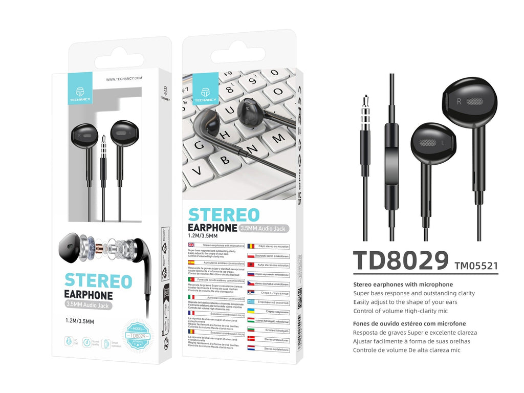 Techancy Auscultadores Intra-Auriculares Pretos 1,2 M TD8029, Com Controlo De Volume Do Microfone, Conetor De 3,5 Mm
