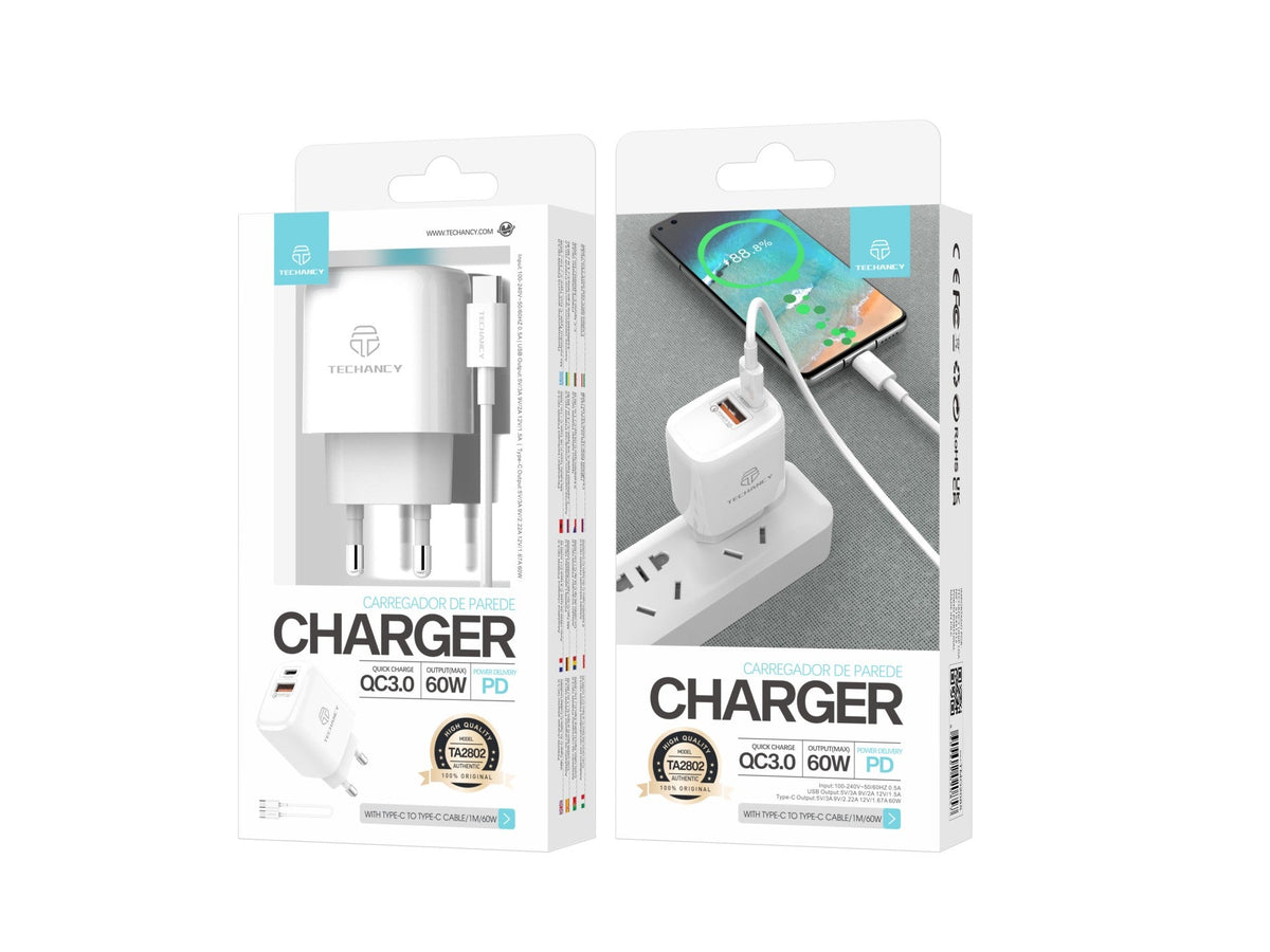 Techancy Carregador Branco 20w TA2802 Com Suporte Pd E Qc3.0 Com Cabo Usb-C Branco De 1m Para Usb-C
