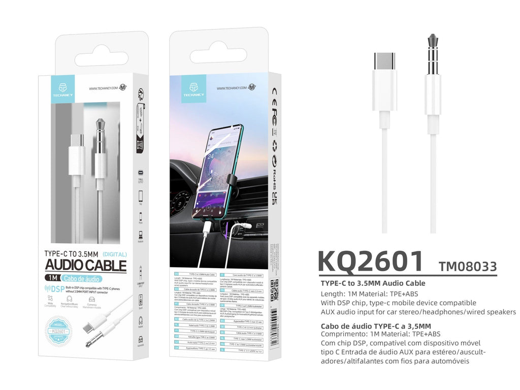 Techancy Cabo Áudio KQ2601, Compatível Com O Conetor Type-Cto3.5mm, 1m, Estável E Fiável. Qualidade De Som Nítida