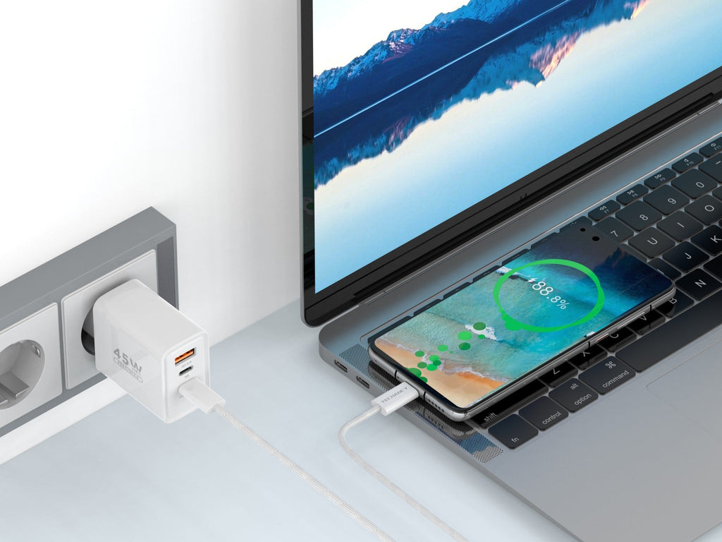 Techancy Carregador USB-A+USB-C+USB-C TA2822, 45W PD, com Cabo USB-C para USB-C de 1m, CompatIvel com Múltiplos Dispositivos